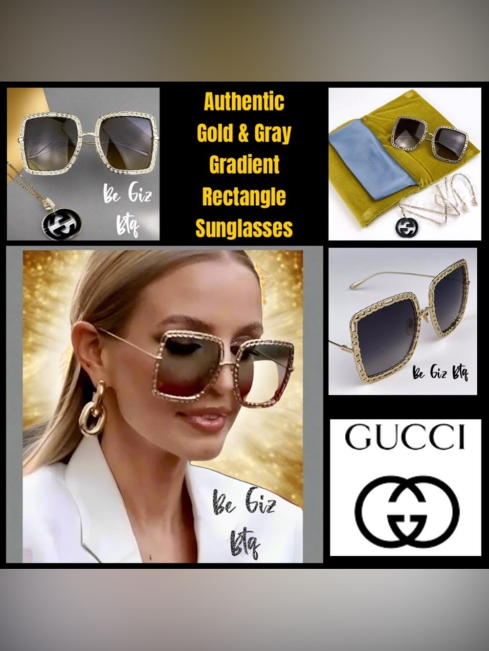 🔥🔥NWT GUCCI Authentic Gold & Gray Gradient Rectangle Metal Women Sunglasses